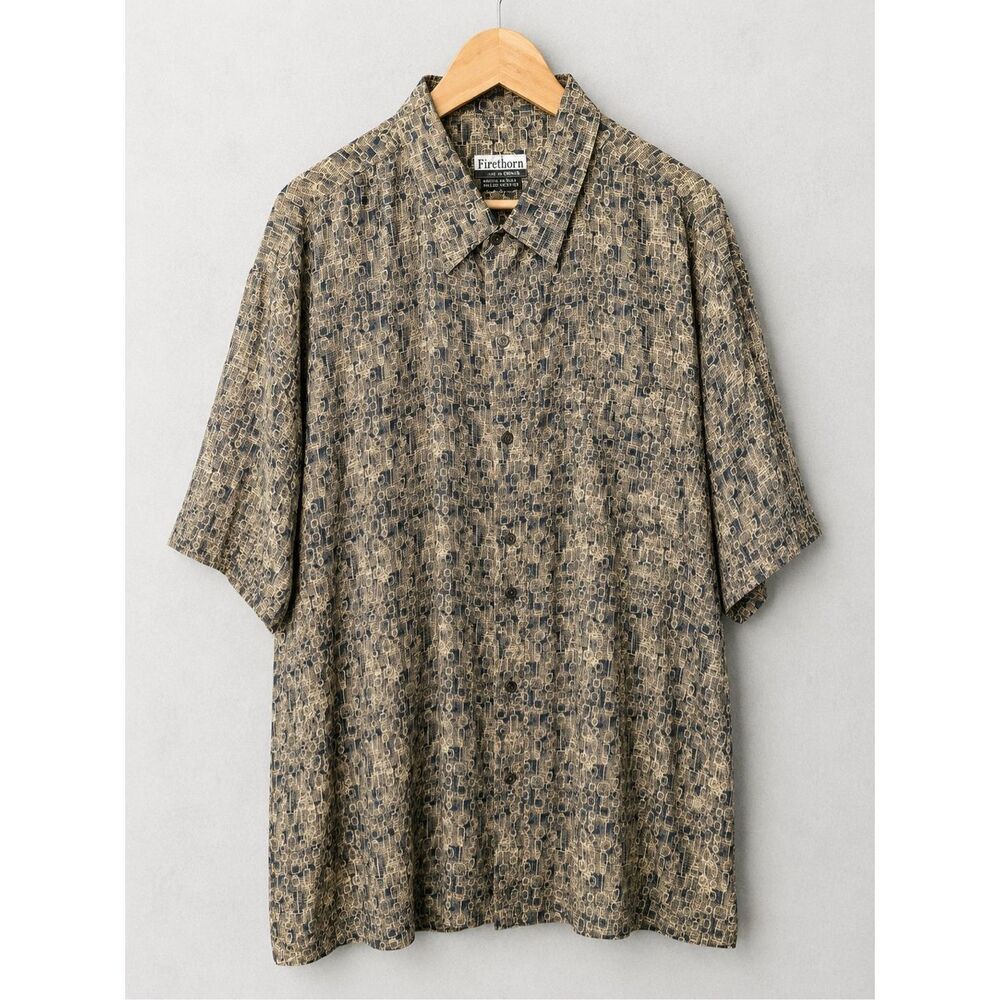 Firethorn Men’s 100% Silk Abstract Print Button Front Shirt XXL Short Sleeve